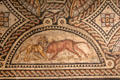 Fragment of Roman floor mosaic of lion attacking bull at Trier Archaeological Museum. Trier, Germany.