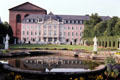 Pink Electoral Palace with red brick Constantine Basilica beyond. Trier, Germany