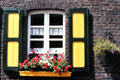 Window with painted wooden shutters and flower box. Zons, Germany.
