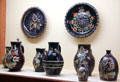 Painted ceramic pitchers & bowls from middle Franconia at Bavarian National Museum. Munich, Germany.