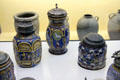 Stoneware covered blue painted vessels from town of Creußen in Franconia at Bavarian National Museum. Munich, Germany.