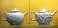 Early attempts by Böttger at white porcelain were teapots with molded flowers, but without color so to evade difficulties in the kiln at Meissen porcelain museum at Lustheim Palace. Munich, Germany.