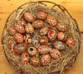 Basket of Russian Easter eggs at folk art Collection Gertrud Weinhold. Munich, Germany.