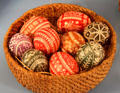 Basket of Eastern-European finely painted Easter eggs at folk art Collection Gertrud Weinhold. Munich, Germany.