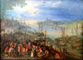 Fish market on banks of a river painting by Jan Brueghel Elder at Alte Pinakothek. Munich, Germany.