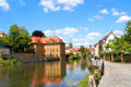 View of Concordia palace area along canal traversing Bamberg. Bamberg, Germany.