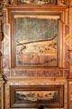 Details of Intarsia wood mosaics panels by Wolfgang Birkner in Intarsia Hunting Room at Coburg Castle. Coburg, Germany.