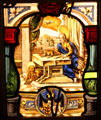 Evangelist Mark with lion attribute stained glass scene prob. Nuremberg at Coburg Castle. Coburg, Germany
