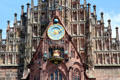 Männleinlaufen mechanical clock with seated Holy Roman Emperor on facade of Frauen Kirche. Nuremberg, Germany