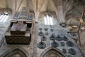 Organ pipes & memorial plaques in St. Lawrence Church. Nuremberg, Germany.
