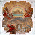 Baroque ceiling painting of God with Evangelists surrounded by angels at Gößweinstein pilgrimage basilica. Gößweinstein, Germany