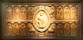 Antependium altar frontal carved relief embossed with copper showing Christ surrounded by Evangelist symbols & twelve apostles from Schleswig or Jutland at Germanisches Nationalmuseum. Nuremberg, Germany.