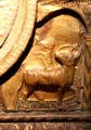 Winged bull symbol of Evangelist Luke detail of Antependium relief from Schleswig or Jutland at Germanisches Nationalmuseum. Nuremberg, Germany.