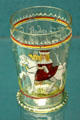 Glass beaker enameled with elector on horseback at Germanisches Nationalmuseum. Nuremberg, Germany.