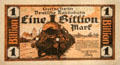 German inflation railway ticket priced at one billion Marks at Nuremberg Transport Museum. Nuremberg, Germany