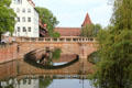 Max Bridge over Pegnitz River with Schlayer Tower beyond. Nuremberg, Germany.
