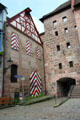 Heritage buildings where Fronveste crosses Pegnitz River. Nuremberg, Germany.
