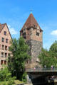Heubrücke with square tower beside Pegnitz River. Nuremberg, Germany.