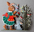 Flat tin rabbit figure with puppets with tree of birds on cast stand from Germany in private collection. Germany