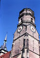 Stiftskirche clock tower with polygonal top level. Stuttgart, Germany.