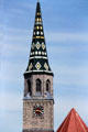 Tiled church spire with diamond design near Ansbach. Ansbach, Germany.