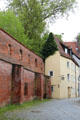 Brick Memmingen city wall with residential building. Memmingen, Germany.