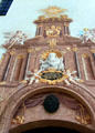 Baroque entrance surround with dedication of church to St. Benedict at Benediktbeuern Abbey. Germany.