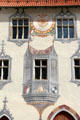 Oriel window with Bishop's symbol & sundial on building at Hohes Schloss zu Füssen. Füssen, Germany.