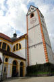 Entrance & clock tower of Basilica St Mang. Füssen, Germany.