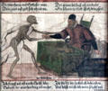 Usurer panel from Dance of Death series at Museum of City of Füssen. Füssen, Germany.