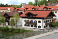 Typical Bavarian architecture along riverfront. Gmund am Tegernsee, Germany.