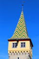 Multi-colored tile design on roof of Mangturm. Lindau im Bodensee, Germany