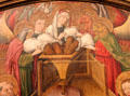 Detail of symbols of Evangelists feeding grain into Machine to make Christian host painting by master of Hostienmühlen-Retabels of Ulm at Ulmer Museum. Ulm, Germany.