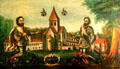 Painting of founders, as imagined long after their deaths, against backdrop of monastery & church at museum of Kloster Wiblingen. Ulm, Germany.