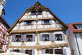 Old half timbered building with steep roof near Blau River. Ulm, Germany.