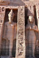 Sculpted Pharaoh & queen with hieroglyphics on Small Temple of Queen Nefertari at Abu Simbel. Egypt