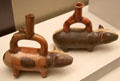 Chancay culture ceramic stirrup-spout bottles in form of Guinea Pigs from Peru at Museum of America. Madrid, Spain.