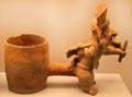 Jama-Coaque culture ceramic vessel with warrior figure from Ecuador at Museum of America. Madrid, Spain