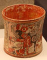 Mayan ceramic beaker with sitting figures & glyphs from Mesoamerica at Museum of America. Madrid, Spain.