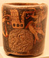 Mayan ceramic beaker with figures & engraved seal from Mesoamerica at Museum of America. Madrid, Spain