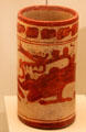 Mayan ceramic beaker with mythical dragon-like beast from Mesoamerica at Museum of America. Madrid, Spain.