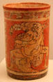 Mayan ceramic beaker with mythical scene from Mesoamerica at Museum of America. Madrid, Spain.