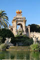 Golden Quadriga de l'Aurora statue atop Cascade fountain in Ciutadella Park. Barcelona, Spain.