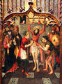 Martyrdom of Apostle St Bartolommeo flayed alive painting by Huguet at Museu Nacional d'Art de Catalunya. Barcelona, Spain