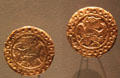 Gold earrings from Chavin Culture, Peru at Barbier Mueller Precolumbian Art Museum. Barcelona, Spain.