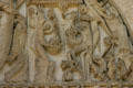 Detail of weighing of soles at Last Judgment on tympanum of Cathedral St Lazarre. Autun, France.