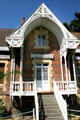 Details of Neo-Gothic house with intricate carved barge boards. Jumièges, France.