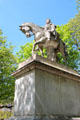 Equestrian statue of Louis XIII 1610-1643 at center of Place des Vosges garden. Paris, France.