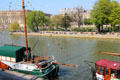 Western tip of Île de la Cité beyond moored sailboats on Seine. Paris, France.