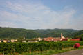 Overview of Riquewihr above vineyards of Alsace. Riquewihr, France.